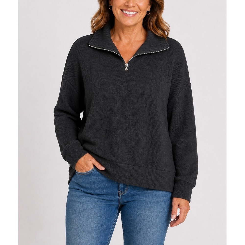 CALIA Quarter Zip Pullover Women M Black Textured Waffle Knit Athleisure